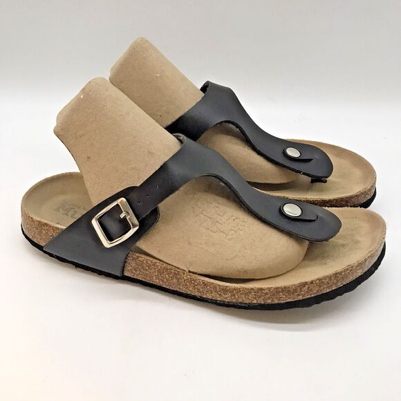 Mudd Cow Suede Cork Footbed Sandals Women's 8 Black Adjustable Buckle Thongs - Picture 2 of 11